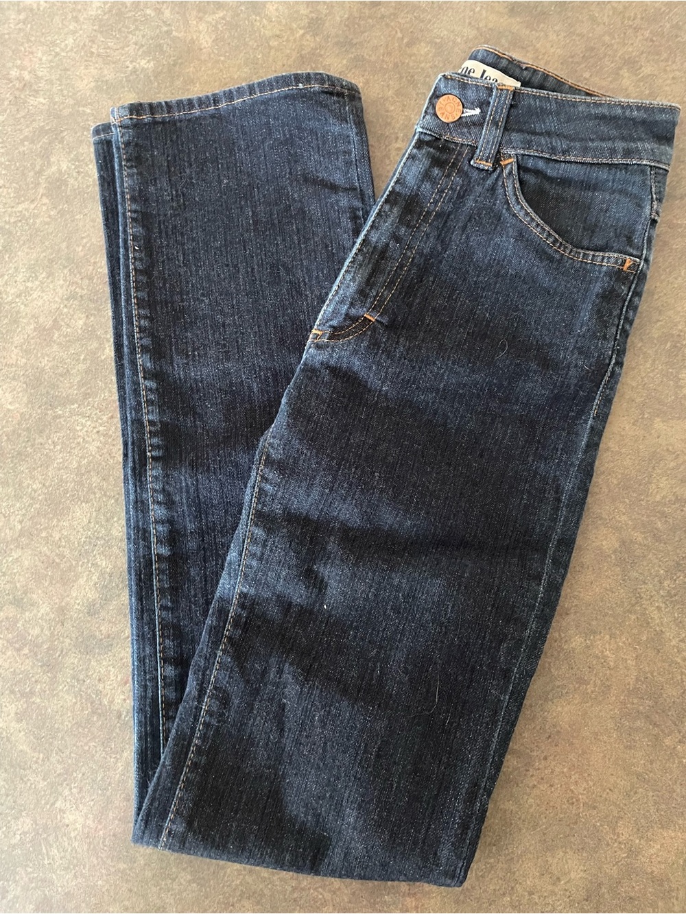 Acne Jeans Dark Blue Denim with Tan Leather Patch